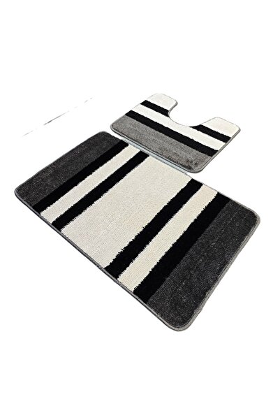 Kotonia Home Set of 2 bath mats anti-slip membrane, 100% synthetic fibers, black,50×40 cm,50×80 cm, Sandy Criptik