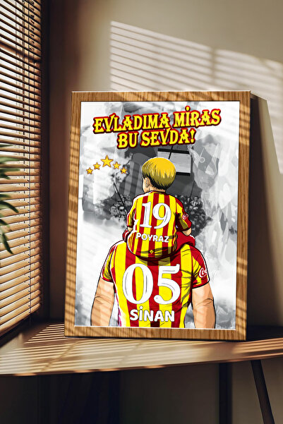 Sophanos Ahşap Çerçeve Görünümlü Sarı Kırmızı Taraftar Baba-Oğul Kişiye Özel ...