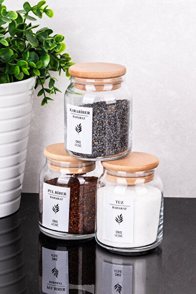 dnshome 3 Adet 300 ml Bambu Kapaklı Cam Kavanoz Seti Etiketli Tuzluk Biberlik...