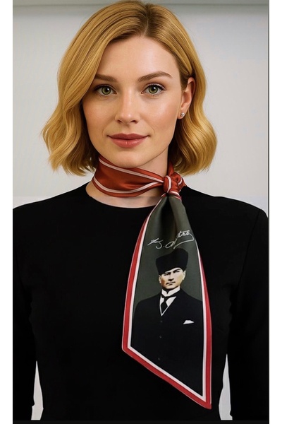Mavi Masal Atatürk Fotoğraflı İmzalı ve Türk Bayraklı Eşarp / Kravat / Fular
