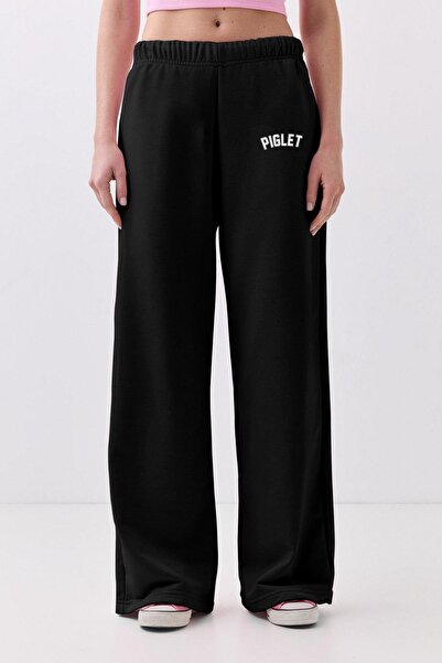 Trendiz Kadın 101 Piglet Yazılı Bol Paça Eşofman Altı Siyah