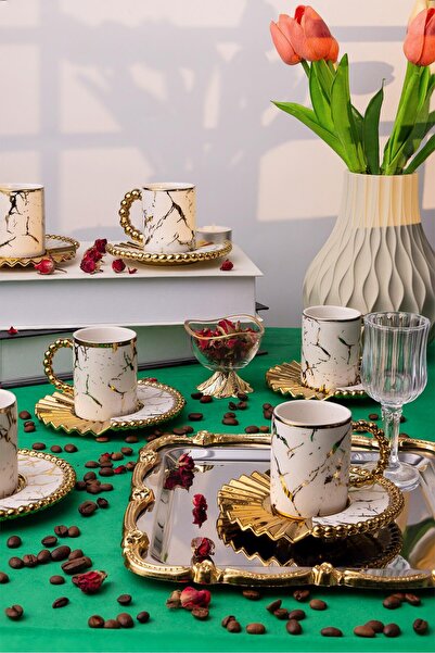 Yaren Style 6-Piece Modern Marble Patterned Gold Coffee Cup Set – Stylish Presentation Design