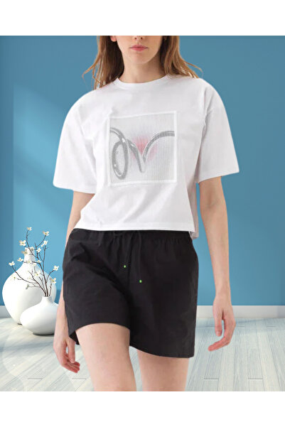 MinervaXint Women's Crew Neck Oversized Front Patterned Knitted Fabric Cotton T-Shirt