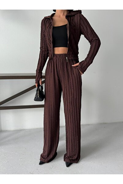 aytenli Shawl Collar Hooded Zippered Finger-Looped Top Elasticized Sized Pocketed Trousers Tassel Suit