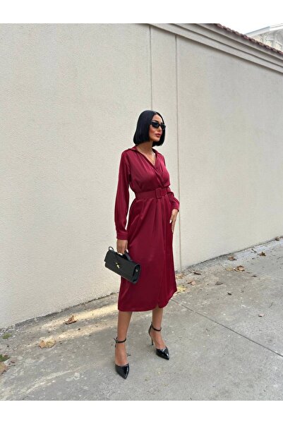 OLSAMODA Women's Belted Shirt with Shirt Collar Satin Fabric Midi Length Kru Double-Breasted Bise