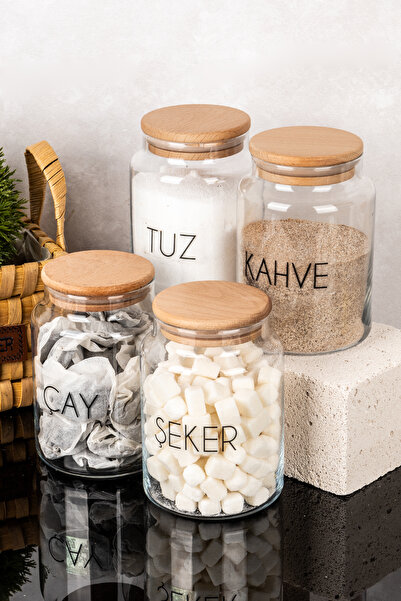 dnshome 4'lü Bambu Kapaklı Cam Kavanoz Seti Çay Şeker Kahve Tuz Etiketli 800 ...