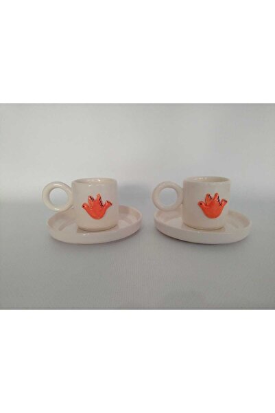 Zümrüdüanka Seramik Bird Embossed Handmade Set of 2 Ceramic Coffee Cups