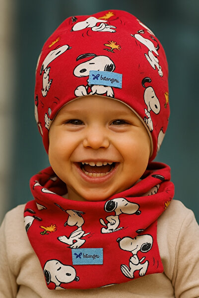 bitangosu 5-8 Years Old Red Snoopy Patterned 100% Cotton Combed Children's Beret and Neck Collar Double-Sided Use