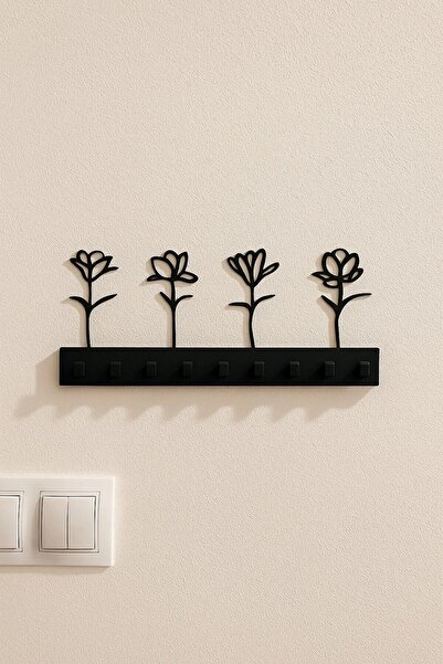 Muvesta Dekoratif Çiçek Desenli Anahtarlık Askısı - Duvar Tipi 8 Kancalı