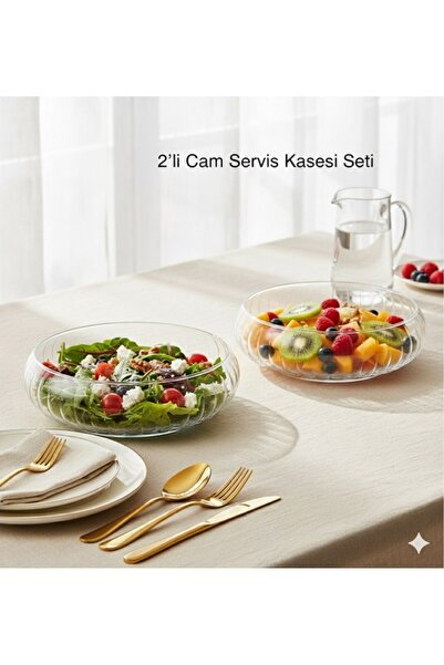AENLINE HOME 2'li Lüx Cam Servis Kasesi Seti | Büyük Boy Salata Makarna Sunum...