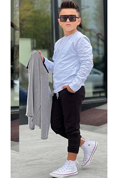 Riccotarz Boys' Waterway Striped Jacket Combed Cotton Sweater 2 Thread Pants Black Bottom Top Set