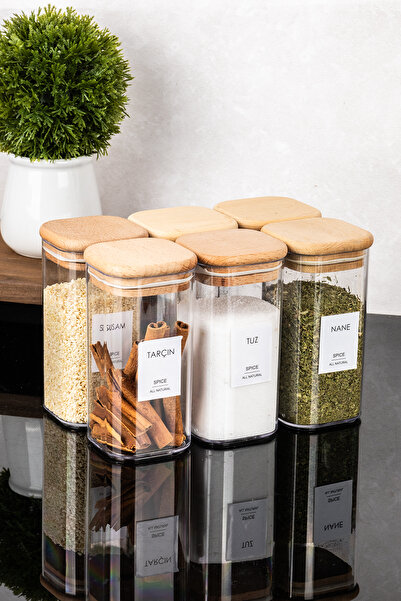 DNS HOME 6-Piece Wooden Vacuum Lid Acrylic Spice Jar Set Storage Container Spice Rack with Label Gift 300 ml