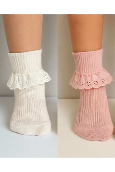 CHAPPELL FASHİON Premium Series 2 Li (Pink & Cream) Cotton Fisto Detail Girls' Socks