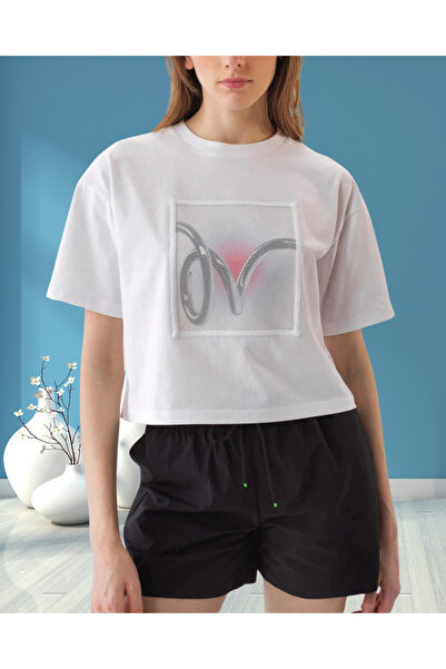 MinervaXint Women's Crew Neck Oversized Front Patterned Knitted Fabric Cotton T-Shirt