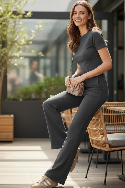 Elemge Pamuklu Kadın Eşofman Altı Yüksek Bel Antrasit Gri Flare Fit Geniş Paça Ipli Cepli Esnek Yumuşak