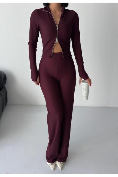 aytenli Polo Collar Snap Fastener Two-Way Zipper Top High-Waisted Pants Slimming Crisp Ottoman Set