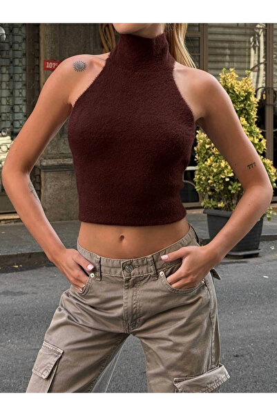 MetuCA Γυναικεία καφέ μπλούζα με λαιμόκοψη ψαράδικου τύπου, ανοιχτή πλάτη, μα...