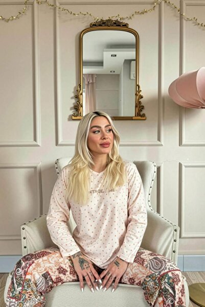 Pijamaevi Beige Vintage Patterned Long Sleeve Bamboo Knitted Women's Pajama Set