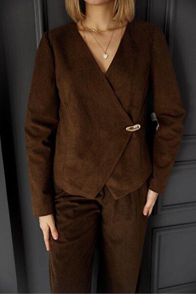 EsSo butik Corded Fabric Velvet Double-Breasted Collar Asymmetric Cut Jacket Wide Leg Plazzo Pants Two-Piece Set