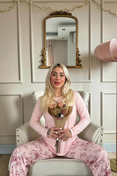 Pijamaevi Mercan Sun Desenli Uzun Kollu Bambu Örme Kadın Pijama Takımı