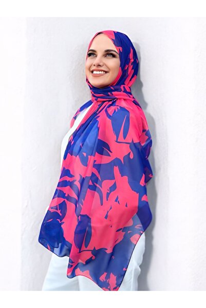Loren Moda Desenli Şifon Şal Zambak Lacivert - Fuşya