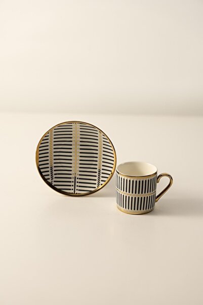 Yaren Style 6-Piece Black and White Striped Porcelain Coffee Cup Set with Gold Detail – Modern Stylish Design |   Yaren