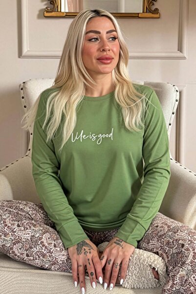 Pijamaevi Green Life Is Good Patterned Long Sleeve Bamboo Knitted Women's Pajama Set
