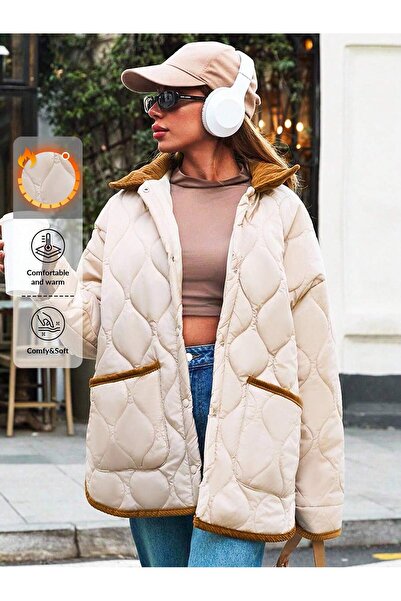 BORCKA TEKSTİL Beige Brown Velvet Piped Quilted Women's Coat