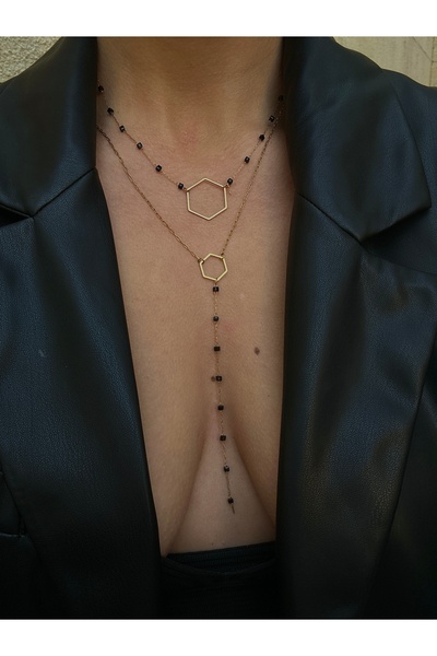 pop up store Black Crystal Stone Detail Geometric Double Steel Necklace Set