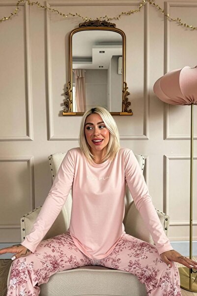 Pijamaevi Mercan Sun Desenli Uzun Kollu Bambu Örme Kadın Pijama Takımı