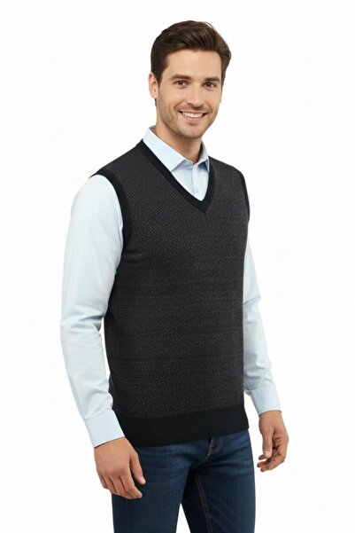 Çizgi Triko Men's V-Neck Sweater Steel Knit Regular Fit 5206H Bgl-St04841