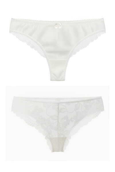 Boubon Co Γυναικείο εσώρουχο εκρού με λεπτομέρεια από τούλι δαντέλα στην πλάτη, μοντέλο Brazilian Thong