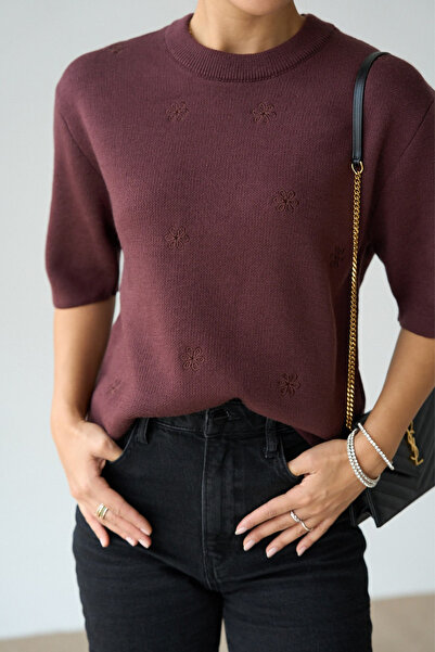 LOOSH Kadın Cherry Yuvarlak Yaka Çiçek Desenli Örgü Bluz Kazak