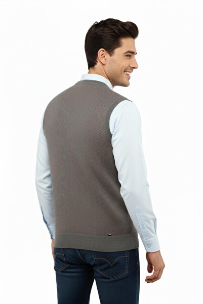 Çizgi Triko Men's V-Neck Sweater Steel Knit Regular Fit 5206H Bgl-St04841