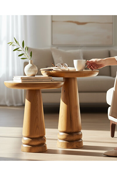 ASELYA HOME Doğal Ahşap 2’li Set Mantar Yan Sehpa Modern Fiskos Zigon Çiçeklik