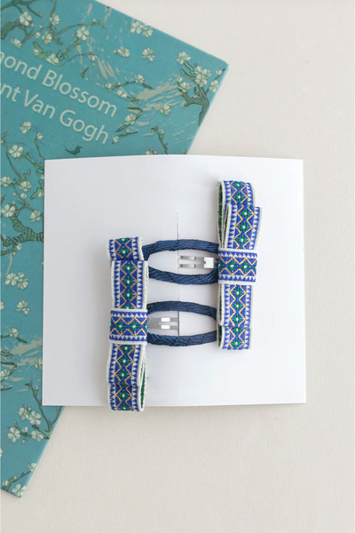 chipiques 2'li Mavi Etnik Baklava Desenli Simli Kurdele Fiyonk Çıtçıt Okul To...