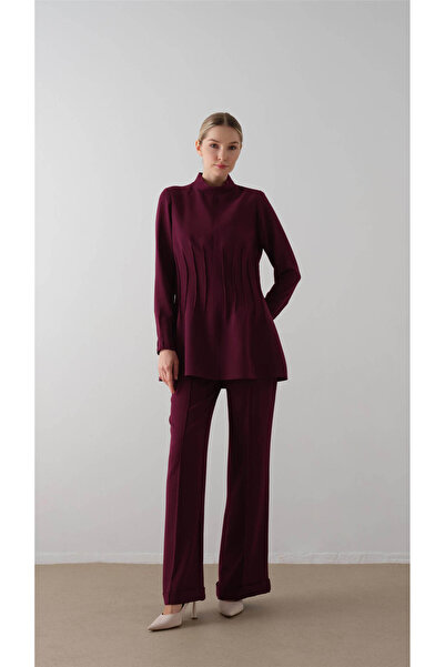 miha Hicran Önal Ribbed Crepe Suit in Top Size, Plum Color