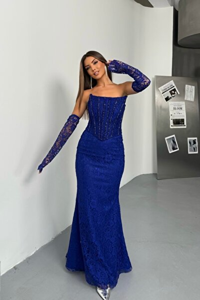 İyem Abiye Dantel Detaylı Kollu Ve Taş İşlemeli Şık Tasarım Abiye Elbise Dar ...