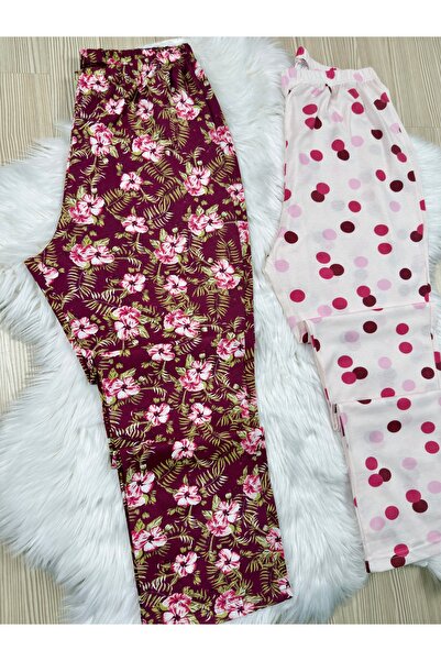 Pijamacs Burgundy Floral and Polka Dot Patterned Plus Size 2-Piece Pajama Bottoms