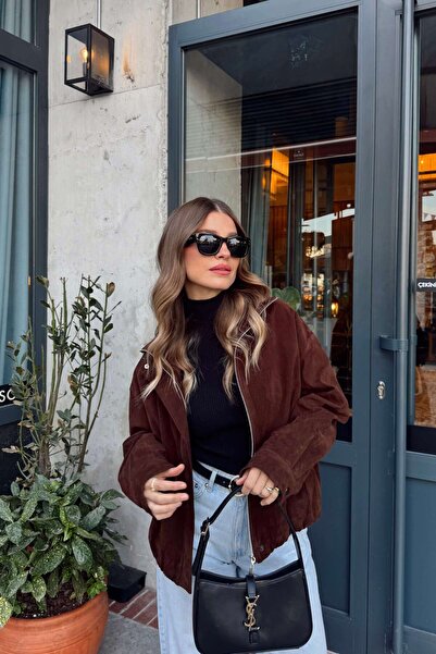 Sue Store Σκούρο καφέ σουέτ μπουφάν με ελαστική μέση και επένδυση ψηλός λαιμός