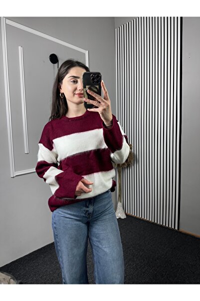 TEXXANA Kadın Pamuklu Kalın Çizgili Uzun Kollu Bisiklet Yaka Yumuşak Dokulu G...