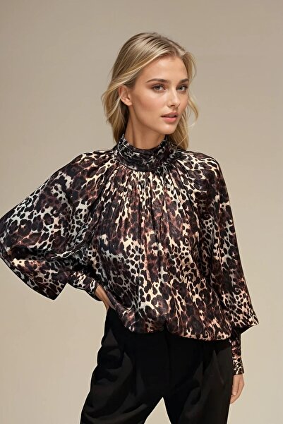OLSAMODA Women's Leopard Printed Casual Satin Blouse with Collar and Cuff Detail