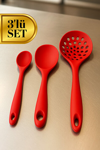 BRE HOME 3’lü Silikon Kaşık Seti – Pilav Kaşığı, Servis Kaşığı ve Delikli Kepçe | Isıya Dayanıklı Premium Set