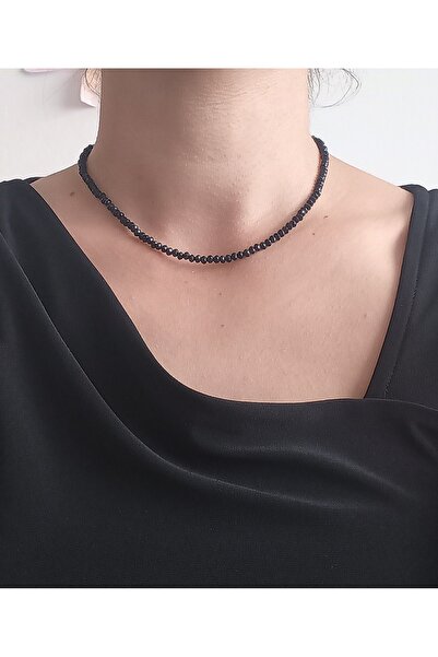BNG AKSESUAR Siyah Faset Kesim Kristal Choker Kolye