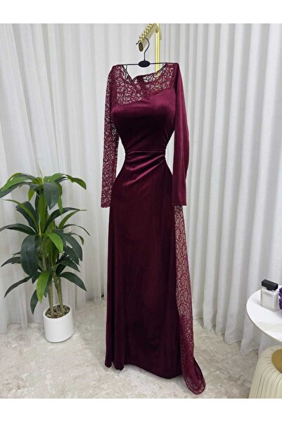 Riva Dark red velvet dress with sheer lace collar and sleeves.