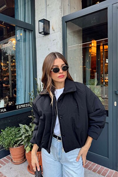 Sue Store Black Drawstring Waist Lined Oversized Puffer Jacket