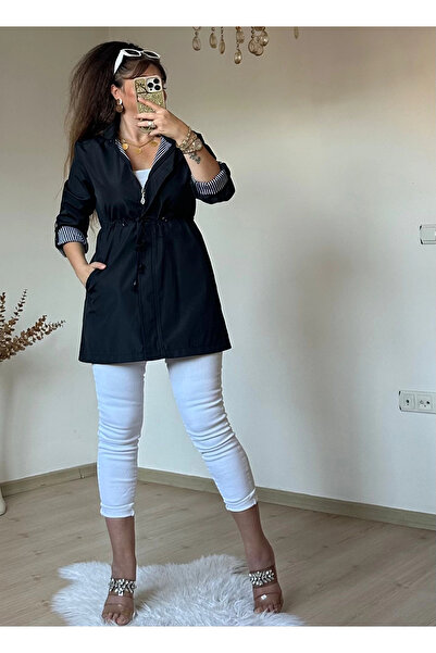 AZRA BUTİK Kısa Çizgili Trençkot Siyah