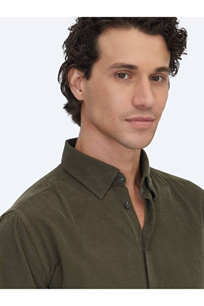 Kip Haki Çizgili Regular Fit Dokuma Kadife Casual %100 Pamuk Gömlek