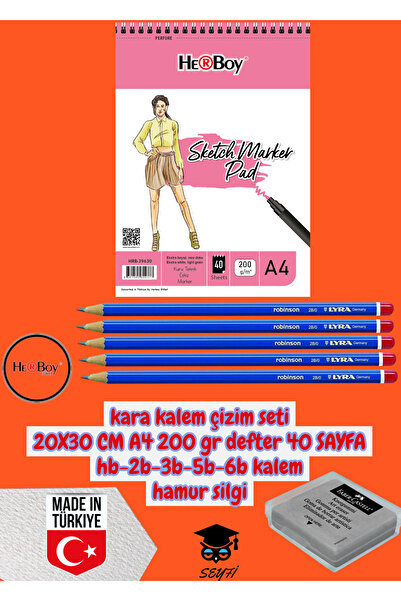 SEYFİKİRTASİYE Drawing Set with Black Pencil 20X30 cm A4 200 Gr Notebook 40 Sheets Hb-2B-3B-5B-6B Pencil Dough Eraser