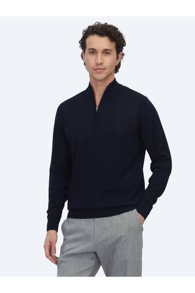 Kip Navy Blue Bato Collar Jacquard Wool Blend Knit Sweater